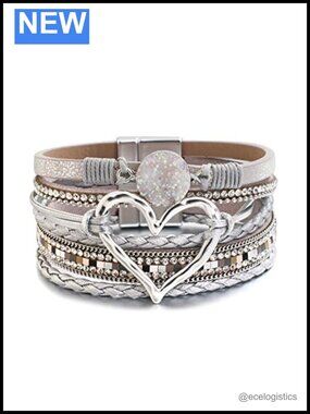 Boho Leather Wrap Bracelet for Women Beaded Cuff with Heart Charm, Clasp Closure